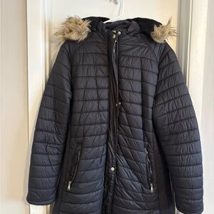 Black Quilted Hooded Winter Coat with Faux Fur Trim